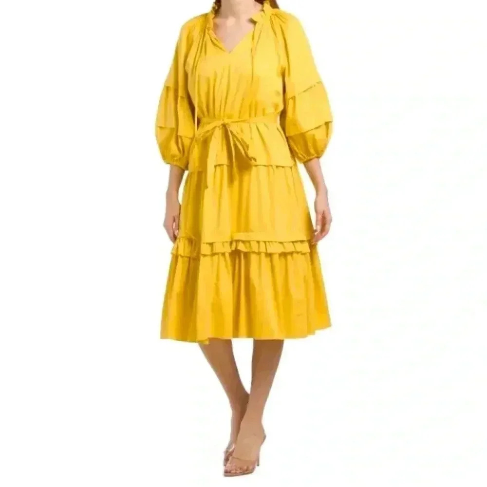 Elie Tahari Anthropologie Mustard Yellow Tiered Dress - Size XL cotton boho